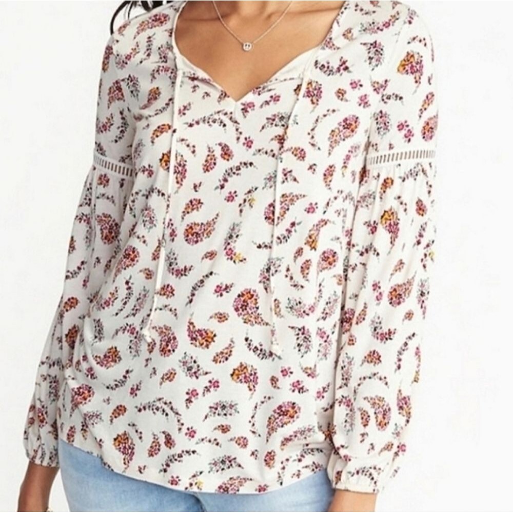Old Navy Cream Boho Peasant Floral Paisley Laced Balloon Sleeves Flowy Top S